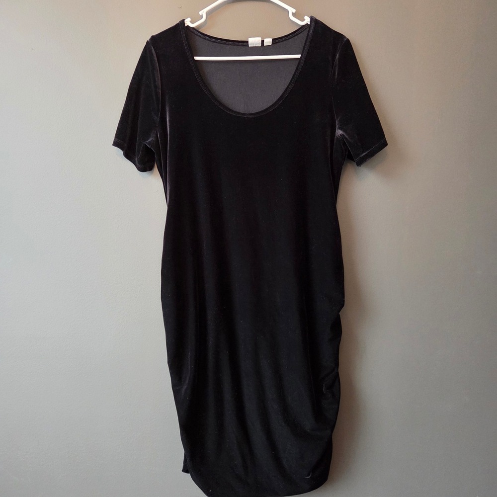 Gap Maternity Black Velvet Ruched Bodycon Dress Short Sleeve‎ Scoop Neck Size M